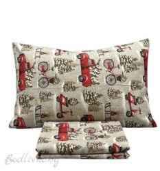 Коледен спален комплект за еднично легло "КОЛЕДЕНИ КАМИОНЧЕТА С ЕЛХА"- 100% памук (Ранфорс), 3 части 