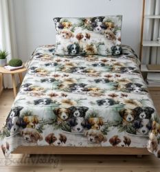 Спален комплект за единично легло,Кученцьа в зелено, 100% памук/ 5Д, ранфорс, 3 части