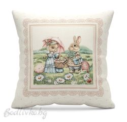 КАЛЪФКА за възглавничка, Семейство великденски зайчета на поляна, 45/45см.