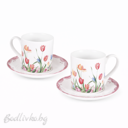 Порцеланови чашки 2 броя с чинийки, лалета, 90мл. 