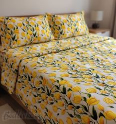  СПАЛЕН КОМПЛЕКТ, Лалета в жълто, 100% памук/ 5Д, ранфорс, 4 части