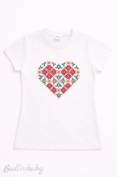 Дамска тениска с бродерия, Шарено сърце, 100% памук