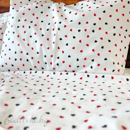 СПАЛЕН КОМПЛЕКТ "СЪРЦА"- БЯЛО, ЧЕРНО И ЧЕРВЕНО, СПАЛЕН КОМПЛЕКТ ДИНИ,100% ПАМУК/ПОПЛИН,  4 ЧАСТИ,