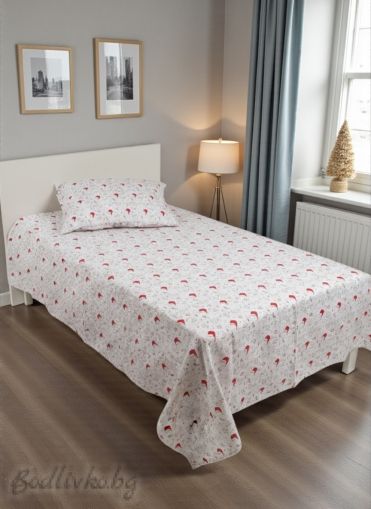 Коледно спално бельо ЗА ЕДИНИЧНО ЛЕГЛО, ЕЛЕНЧЕТА И ЧЕРВЕНИ ШАПКИ, 100% натурален памук (ПОПЛИН), 3 части