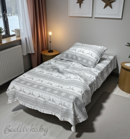 Коледно спално бельо "Еленчета в сиво и бяло", за ЕДИНИЧНО ЛЕГЛО, 100% натурален памук (поплин), 3 части