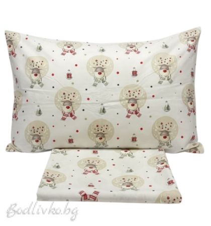 Коледно спално бельо "Еленчета в топки- екрю", за ЕДИНИЧНО ЛЕГЛО, 100% натурален памук (поплин), 3 части