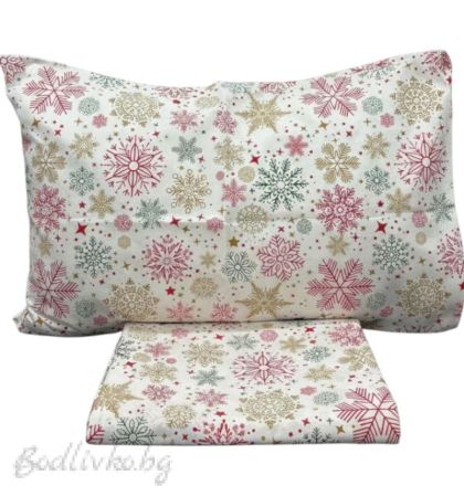 Коледен спален комплект за еднично легло "Снежинки"- 100% памук (Ранфорс), 3 части 