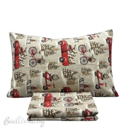 Коледен спален комплект за еднично легло "КОЛЕДЕНИ КАМИОНЧЕТА С ЕЛХА"- 100% памук (Ранфорс), 3 части 