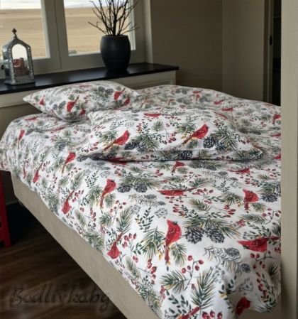Коледен спален комплект за еднично легло "КОЛЕДНА ПТИЧКА В ГОРАТА"- 100% памук (Ранфорс), 3 части 
