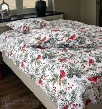 Коледен спален комплект "КОЛЕДНИ ПТИЧКИ В ГОРАТА", 100% ПАМУК/РАНФОРС,  4 ЧАСТИ,