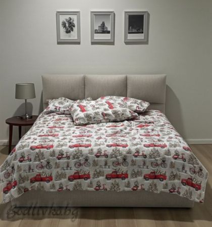 Коледен спален комплект "КОЛЕДНИ КАМИОНИ С ЕЛХА", с два плика, 100% ПАМУК/РАНФОРС,  5 ЧАСТИ