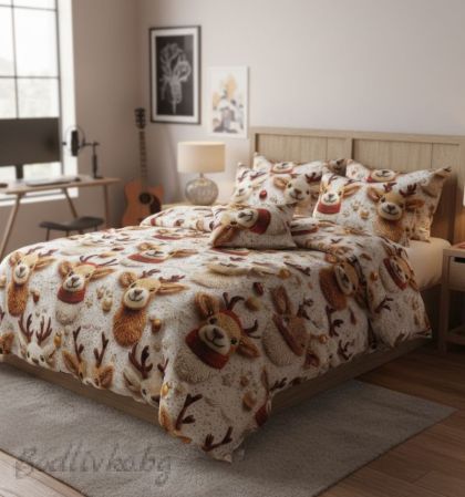 Коледен СПАЛЕН КОМПЛЕКТ Елени 5Д, 100% памук/ 5Д, ранфорс, 4 части