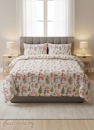 КОЛЕДЕН СПАЛЕН КОМПЛЕКТ  СНЕЖКО, 100% памук/ 5Д, ранфорс, 5 части
