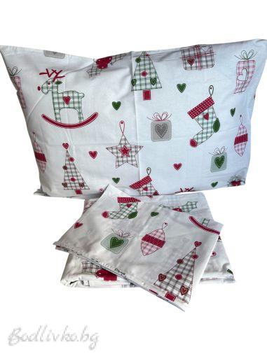 Коледен спален комплект за единично легло "КОЛЕДНИ МОТИВИ"- 100% памук (Ранфорс), 3 части 