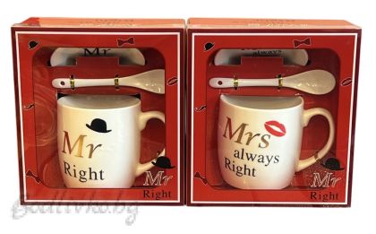Чашки за него или нея, Mr/Mrs, с лъжичка и чинийка, в кутийка