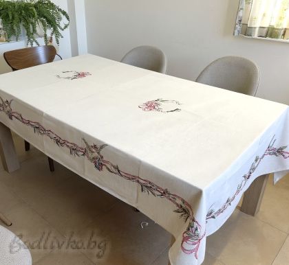 ПОКРИВКА ЗА МАСА ЖАКАРД, ВЕЛИКДЕН, ИЗЧИСТЕНА, БЯЛ ГЪЛЪБ, 140/180 СМ.