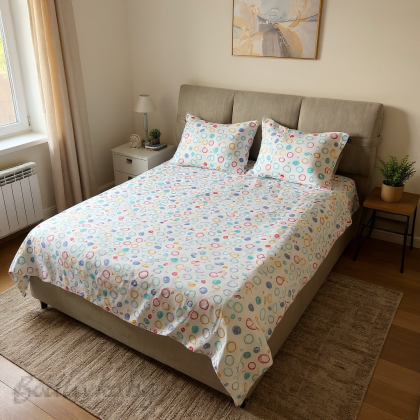 КОМПЛЕКТ ЗА СПАЛНЯ, Големи дизайнерски кръгчета– 100% натурален памук (Ранфорс), 4 части 