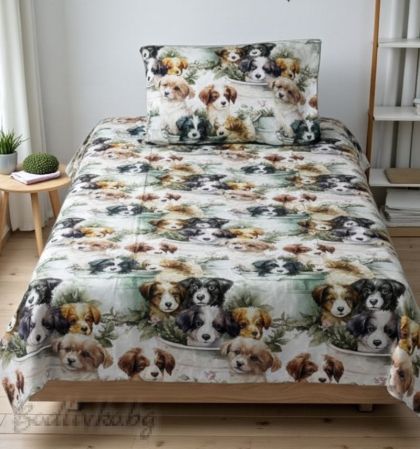 Спален комплект за единично легло,Кученца в зелено, 100% памук/ 5Д, ранфорс, 3 части