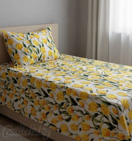 Спален комплект за единично легло, Лалета в жълто, 100% памук/ 5Д, ранфорс, 3 части