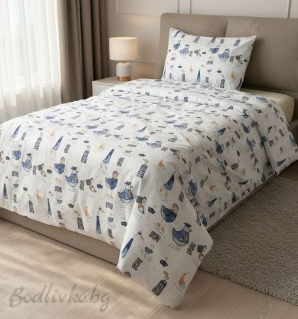 Спален комплект за единично легло, Сини птици абстракт- 100% памук (Ранфорс), 3 части 