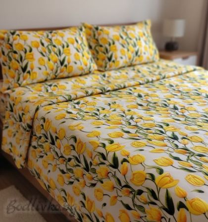 СПАЛЕН КОМПЛЕКТ,  Лалета в жълто, 100% памук/ 5Д, ранфорс, 5 части