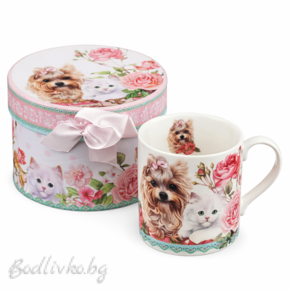 Порцеланова чаша за кафе или чай в луксозна кутия, коте и куче