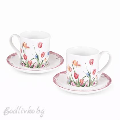 Порцеланови чашки 2 броя с чинийки, лалета, 90мл. 