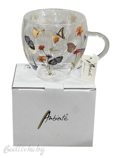 Двустенна стъклена чаша, Ambiente, Пеперуди, 200мл.
