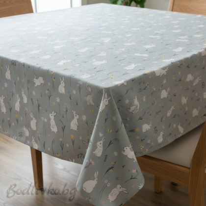 ПОКРИВКА ЗА МАСА, Пастелено зелено с бели зайчета, ПАНАМА, 87% памук