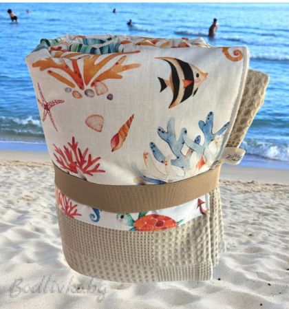 ПЛАЖНА ХАВЛИЯ 100% ПАМУК ПИКЕ 110x190 С ДЕКОРАТИВЕН БОРД И ЛАСТИК ЗА ЛЕСНО СГЪВАНЕ В БЕЖОВО