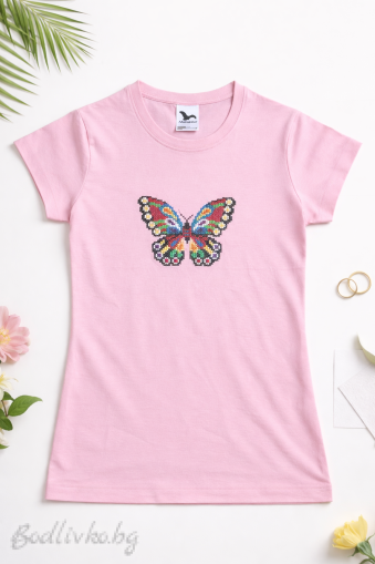 Дамска тениска с бродерия, Пеперуда, 100% памук