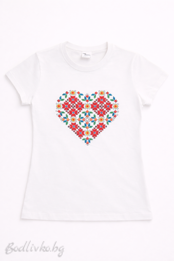 Дамска тениска с бродерия, Шарено сърце, 100% памук
