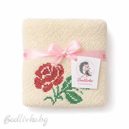 ХАВЛИЯ ЗА РЪЦЕ, 100% ПАМУК, БРОДЕРИЯ РОЗА, РАЗМЕР: 30/50СМ,HAND MADE