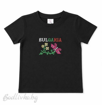 Детска тениска с бродерия, 3-4 год., надпис BULGARIA с цветя и пеперуда, 100% памук