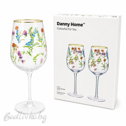 Стъклени чаши за вино, Danny Home, флорални, 2 броя в опаковка