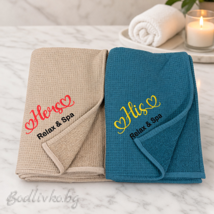 Комплект от 2 хавлии за SPA и сауна с бродерия HIS & HERS – 80×155 см, 100% памук
