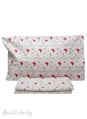 Коледно спално бельо ЗА ЕДИНИЧНО ЛЕГЛО, ЕЛЕНЧЕТА И ЧЕРВЕНИ ШАПКИ, 100% натурален памук (ПОПЛИН), 3 части