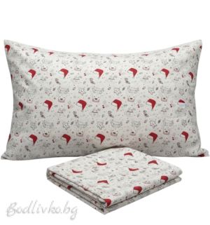 Коледно спално бельо ЗА ЕДИНИЧНО ЛЕГЛО, ЕЛЕНЧЕТА И ЧЕРВЕНИ ШАПКИ, 100% натурален памук (поплин), 3 части