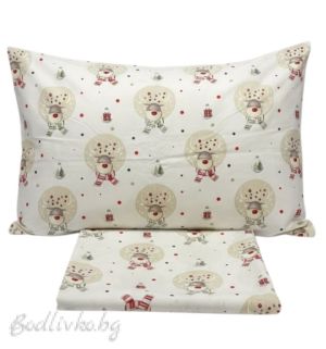 Коледно спално бельо "Еленчета в топки- екрю", за ЕДИНИЧНО ЛЕГЛО, 100% натурален памук (поплин), 3 части