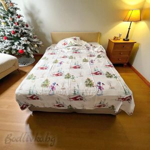 КОЛЕДЕН СПАЛЕН КОМПЛЕКТ "ЗИМНИ КЪЩИ", 100% ПАМУЧЕН САТЕН, 4 части 