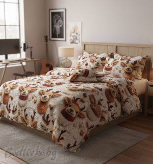 Коледен СПАЛЕН КОМПЛЕКТ Елени 5Д, 100% памук/ 5Д, ранфорс, 4 части