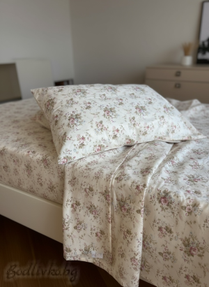 СПАЛЕН КОМПЛЕКТ НЕЖНИ РОЗИ В ЕКРЮ,  100% натурален памук (ПОПЛИН), 4 части