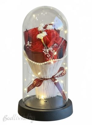 Светещ букет от рози в стъкленица - Вечна красота, 22 см