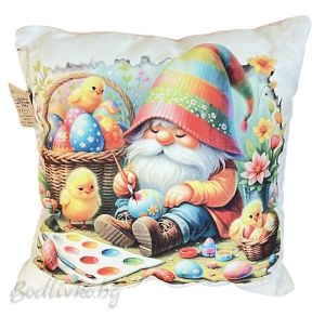 ДЕКОРАТИВНА ВЪЗГЛАВНИЦА, Джудже с кошничка с яйца, 45х45см.