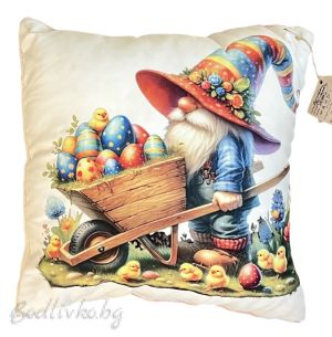 ДЕКОРАТИВНА ВЪЗГЛАВНИЦА, Джудже с количка с яйца, 45х45см.