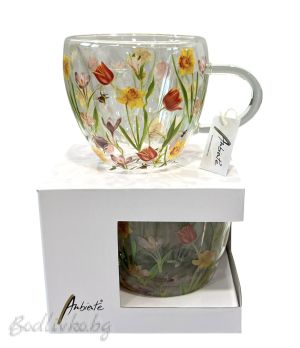 Двустенна стъклена чаша, Ambiente, Цветя, 200мл.