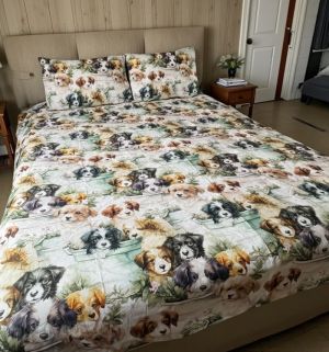 СПАЛЕН КОМПЛЕКТ, Кученца в зелено, 100% памук/ 5Д, ранфорс, 4 части