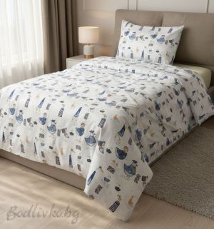 КОМПЛЕКТ ЗА СПАЛНЯ, Сини птици – 100% натурален памук (Ранфорс), 4 части 