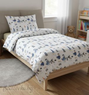 Спален комплект за единично легло, Сини птици абстракт- 100% памук (Ранфорс), 3 части 