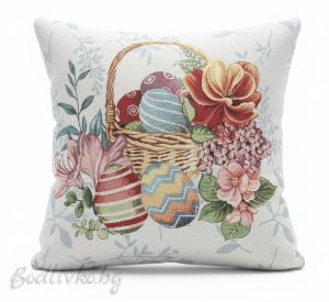 КАЛЪФКА за възглавничка, Кошничка с великденски букет и цветя, 45/45см.